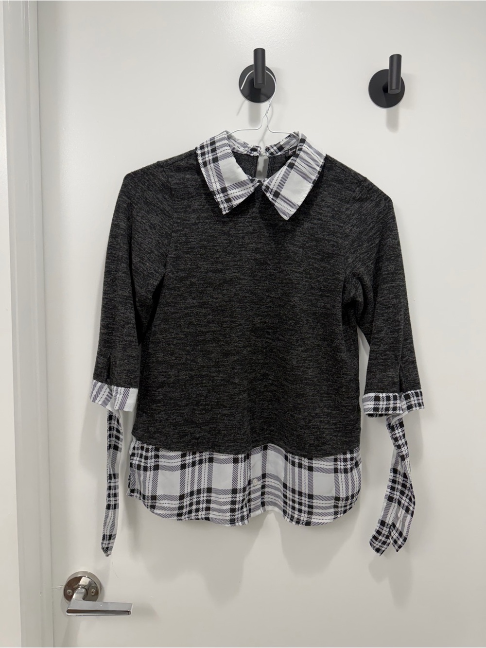 Black Plaid Layered-Look Shirt with Tie Cuffs